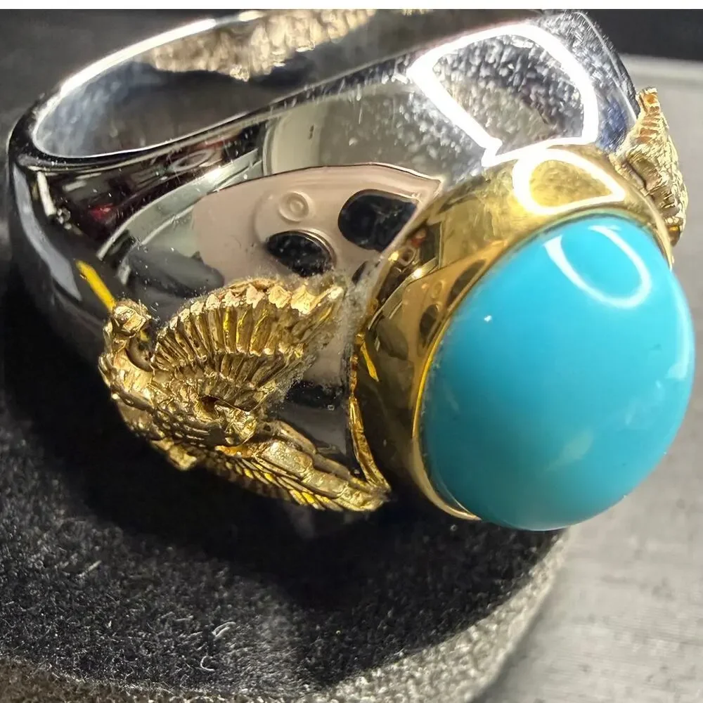 Solid 925 Sterling Silver And Solid 10k Yellow Gold Turquoise Stone Size 10 Ring
